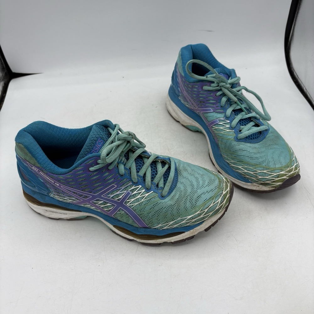 Asics Shoes Womens Size 7.5 Gel Nimbus 18 Run Walk Blue Teal Purple Sneakers